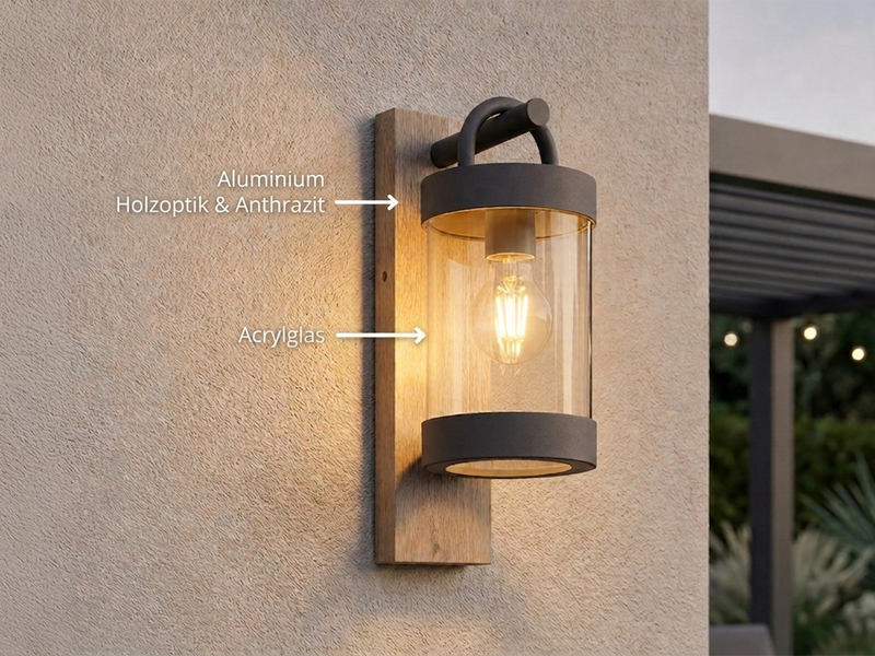 Außenwandleuchte SAMBESI Laterne im Landhausstil, Holzoptik, Höhe 33cm