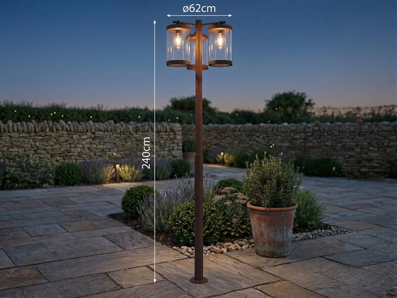 LED Straßenlaterne im Landhausstil, 3-flammig Rostoptik, Höhe 240cm