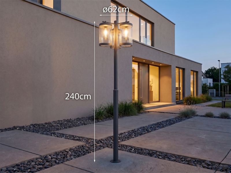 LED Straßenlaterne im Landhausstil, 3-flammig Anthrazit, Höhe 240cm
