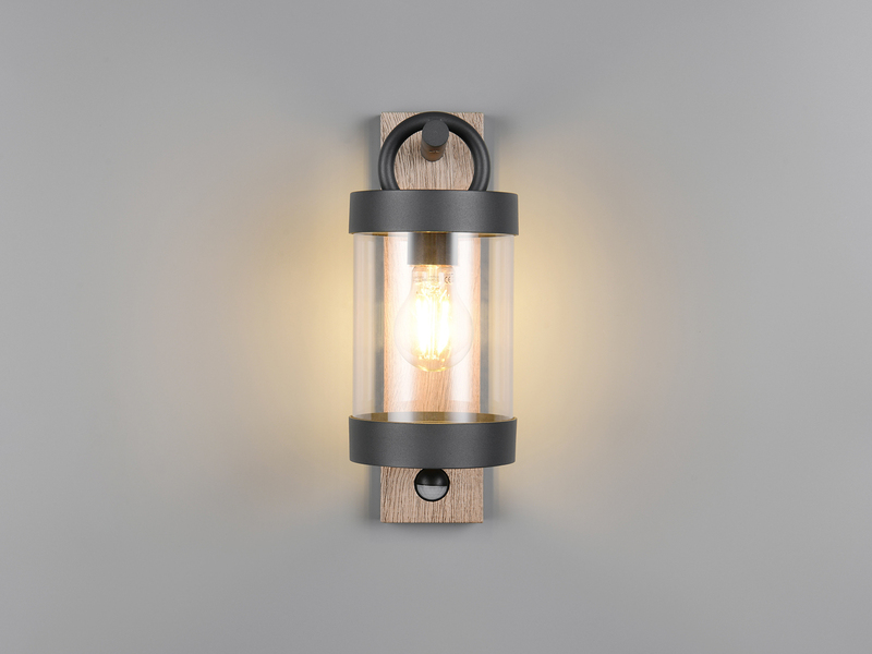 LED Außenwandleuchte mit Bewegungsmelder, Laterne Holzoptik, Höhe 33cm