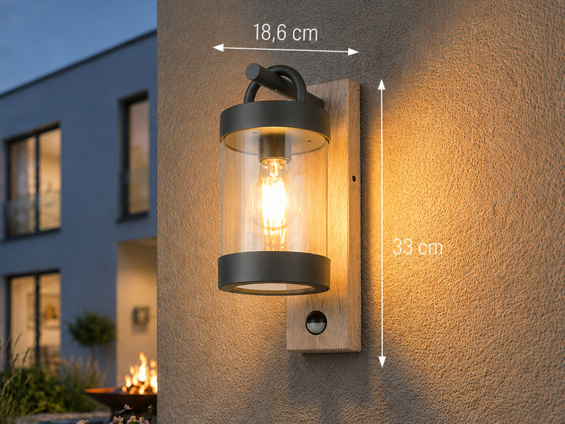 LED Außenwandleuchte Laterne Holzoptik mit Bewegungsmelder, Höhe 33cm