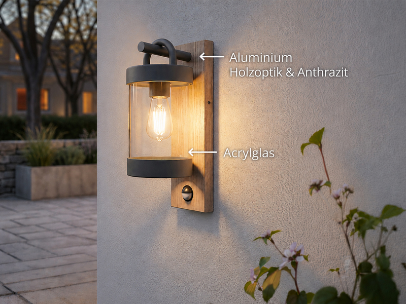 LED Außenwandleuchte Laterne Holzoptik mit Bewegungsmelder, Höhe 33cm
