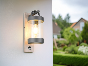 LED Außenwandleuchte mit Bewegungsmelder, Laterne Holzoptik, Höhe 33cm