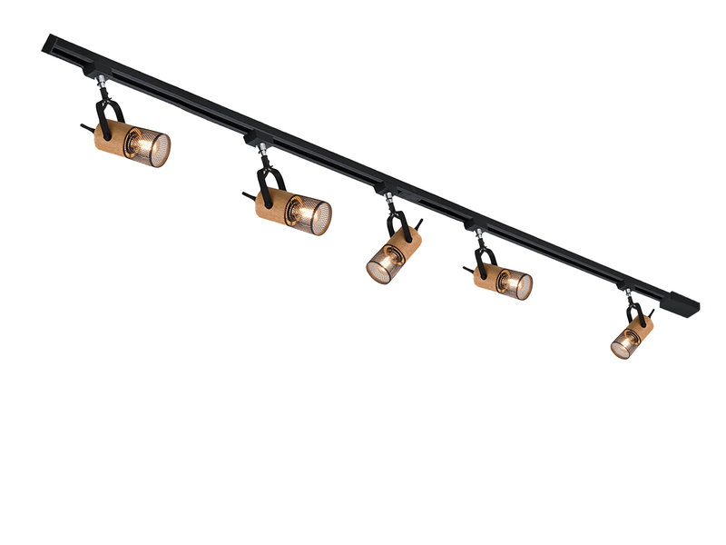 Lichtschienensystem mit 5 Holz Spots & Einspeisung 3-adrig, Länge 202,5cm