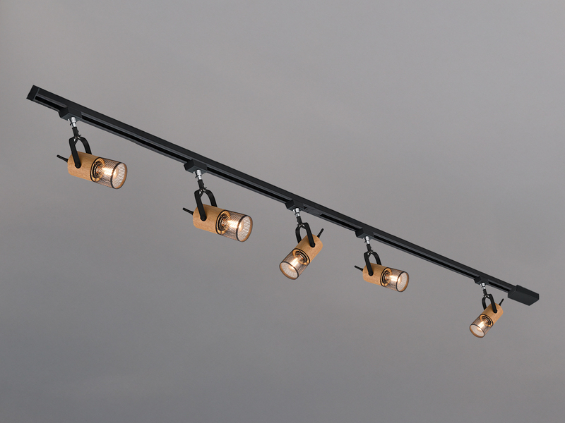 Lichtschienensystem mit 5 Holz Spots & Einspeisung 3-adrig, Länge 202,5cm