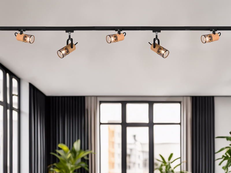 Lichtschienensystem mit 5 Holz Spots & Einspeisung 3-adrig, Länge 202,5cm
