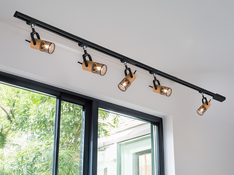 Lichtschienensystem mit 5 Holz Spots & Einspeisung 3-adrig, Länge 202,5cm