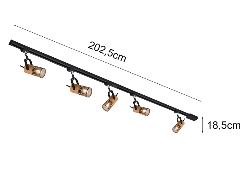 Lichtschienensystem mit 5 Holz Spots & Einspeisung 3-adrig, Länge 202,5cm