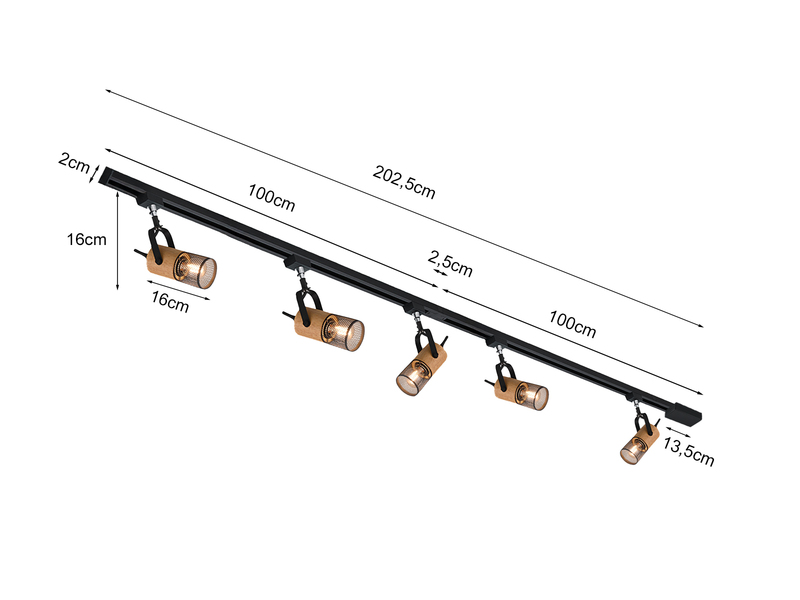 Lichtschienensystem mit 5 Holz Spots & Einspeisung 3-adrig, Länge 202,5cm