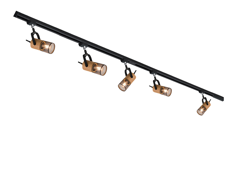 Lichtschienensystem mit 5 Holz Spots & Einspeisung 4-adrig, Länge 202,5cm