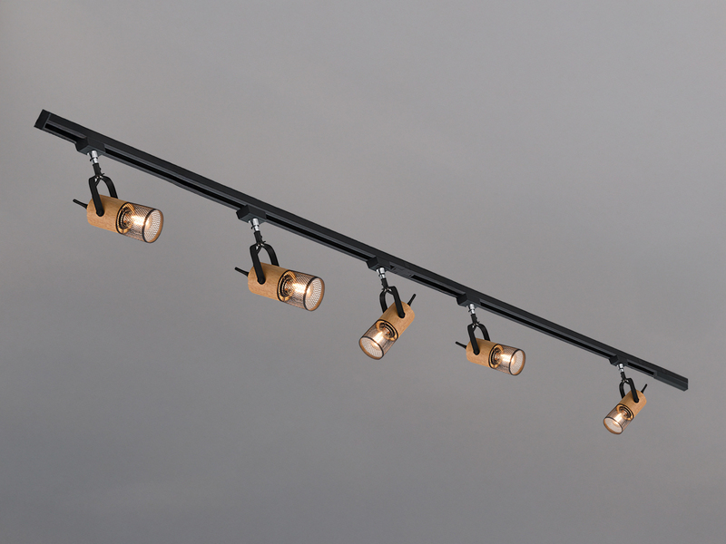 Lichtschienensystem mit 5 Holz Spots & Einspeisung 4-adrig, Länge 202,5cm