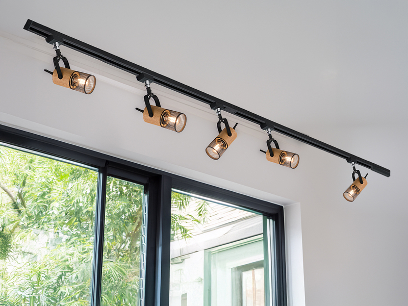 Lichtschienensystem mit 5 Holz Spots & Einspeisung 4-adrig, Länge 202,5cm