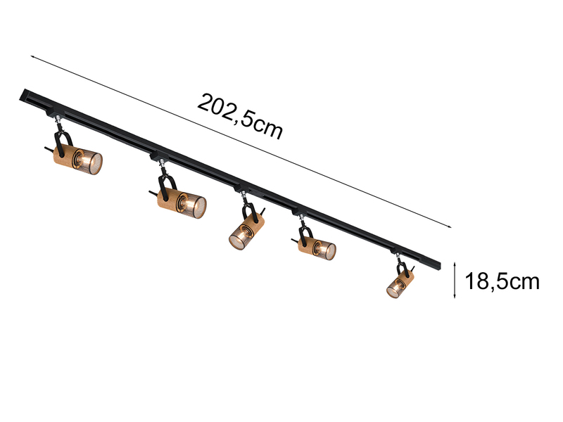 Lichtschienensystem mit 5 Holz Spots & Einspeisung 4-adrig, Länge 202,5cm