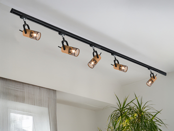 Lichtschienensystem mit 5 Holz Spots & Einspeisung 4-adrig, Länge 202,5cm