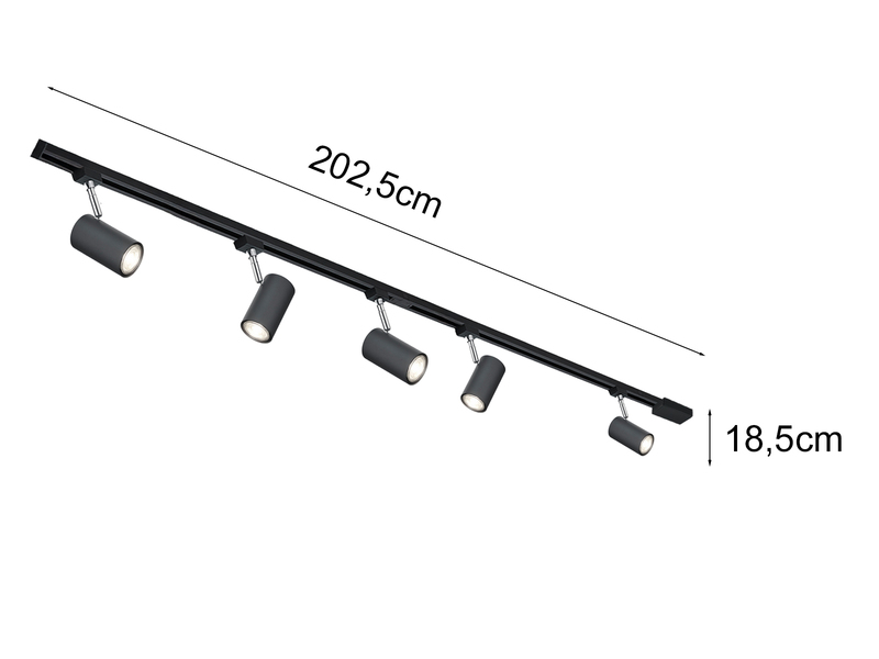 Lichtschienensystem Schwarz mit 5 Spots & Einspeisung 3-adrig, Länge 202,5cm