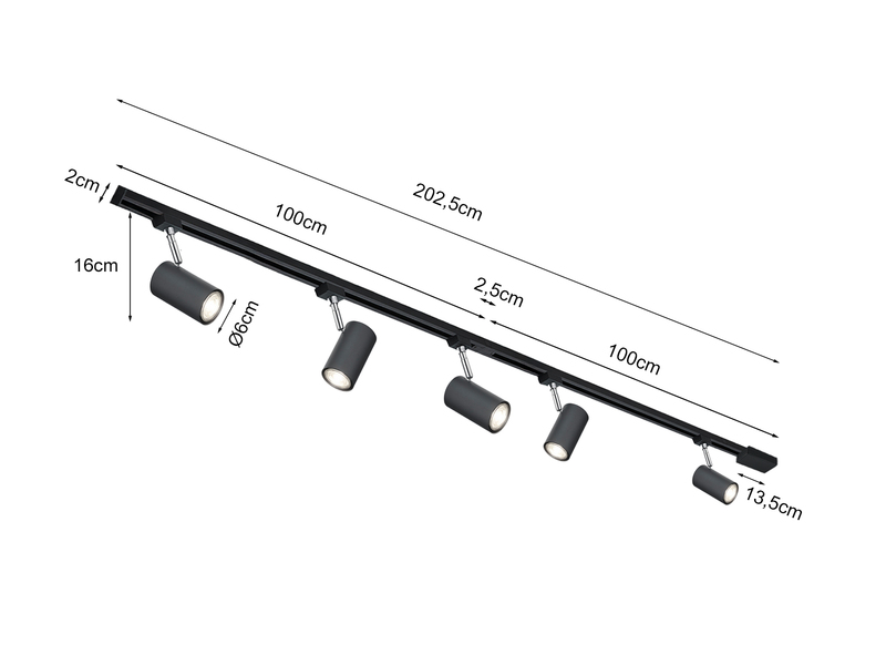 Lichtschienensystem Schwarz mit 5 Spots & Einspeisung 3-adrig, Länge 202,5cm