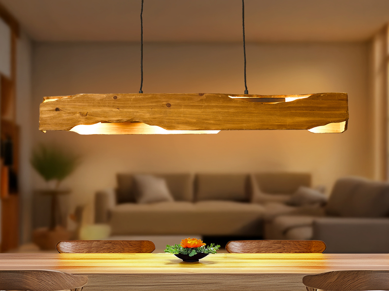 Pendelleuchte VENUS mit Holzbalken aus rustikalem Naturholz, Breite 100cm