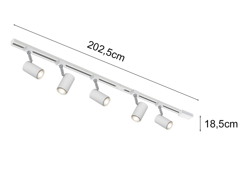 Lichtschienensystem Weiß mit 5 Spots & Einspeisung 3-adrig, Länge 202,5cm