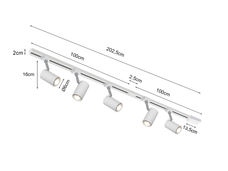 Lichtschienensystem Weiß mit 5 Spots & Einspeisung 3-adrig, Länge 202,5cm