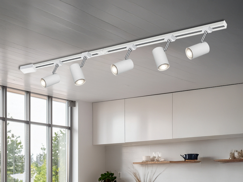 Lichtschienensystem Weiß mit 5 Spots & Einspeisung 3-adrig, Länge 202,5cm
