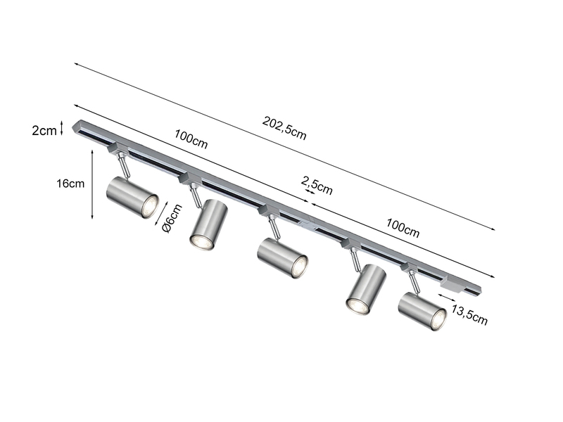 Lichtschienensystem mit 5 Spots Silber & Einspeisung 3-adrig, Länge 202,5cm