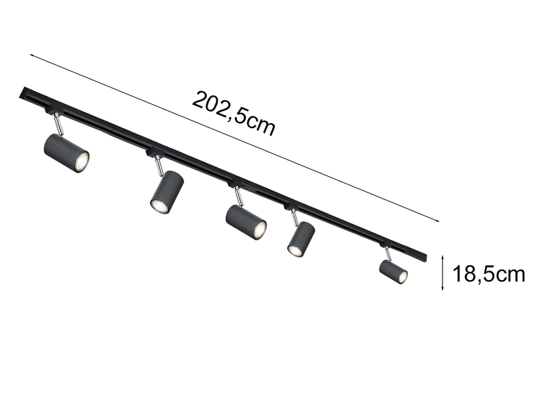 Lichtschienensystem Schwarz mit 5 Spots & Einspeisung 4-adrig, Länge 202,5cm