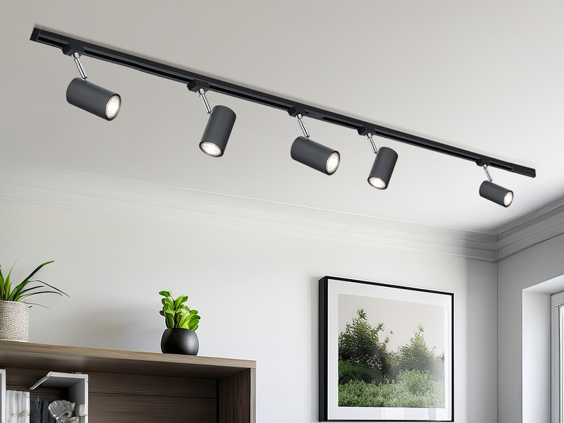 Lichtschienensystem Schwarz mit 5 Spots & Einspeisung 4-adrig, Länge 202,5cm