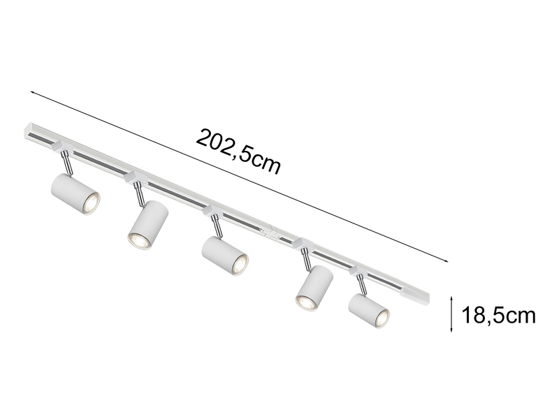 Lichtschienensystem Weiß mit 5 Spots & Einspeisung 4-adrig, Länge 202,5cm