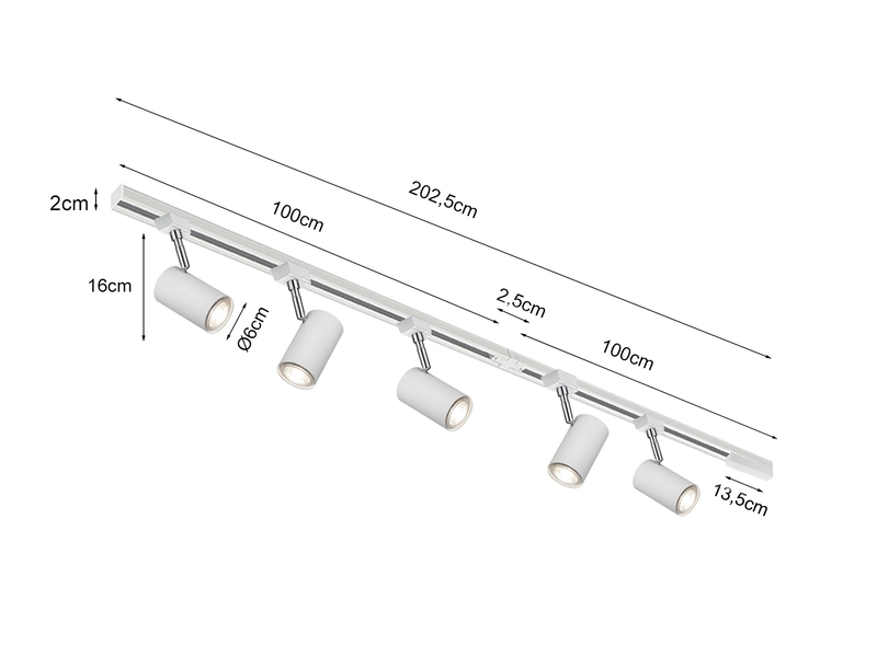 Lichtschienensystem Weiß mit 5 Spots & Einspeisung 4-adrig, Länge 202,5cm