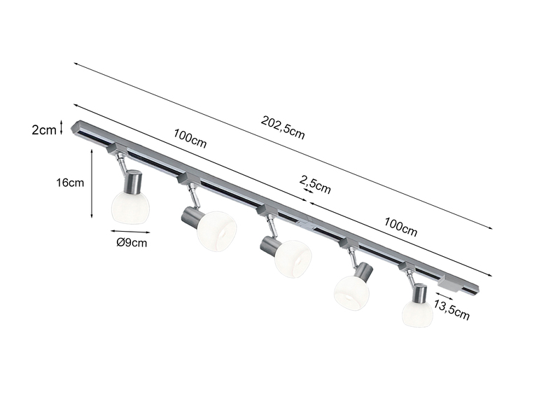 Lichtschienensystem mit 5 Spots Glas Weiß & Einspeisung 3-adrig, Länge 202,5cm