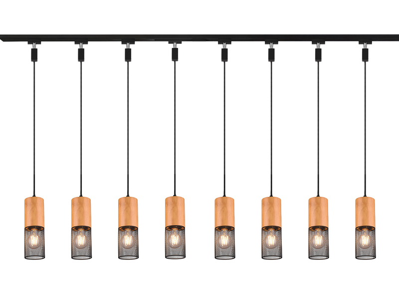 Lichtschienensystem mit 8x Holz Pendel & Einspeisung 3-adrig, Länge 202,5cm