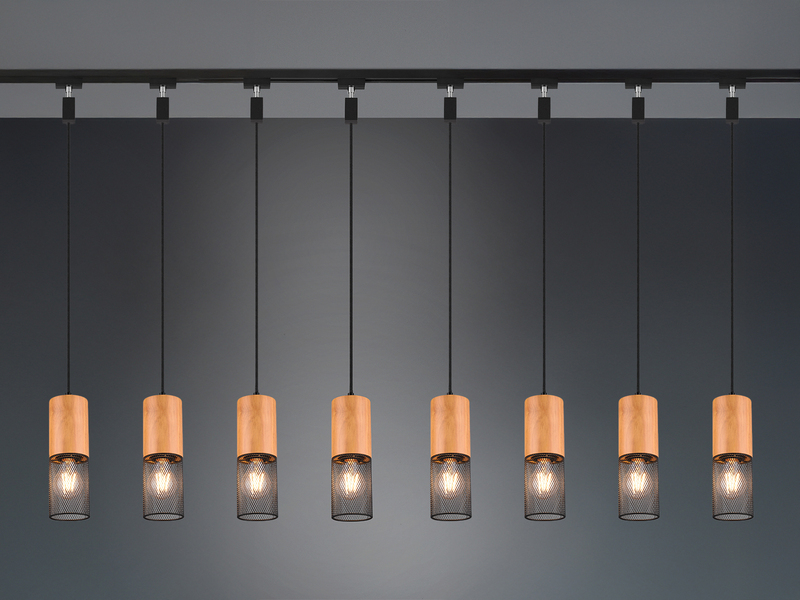 Lichtschienensystem mit 8x Holz Pendel & Einspeisung 3-adrig, Länge 202,5cm