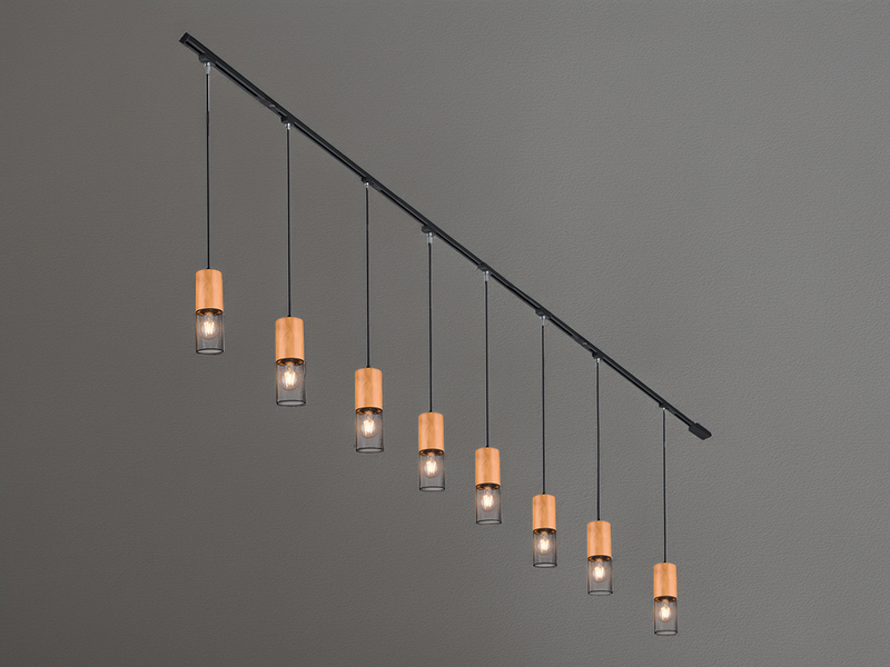 Lichtschienensystem mit 8x Holz Pendel & Einspeisung 3-adrig, Länge 202,5cm
