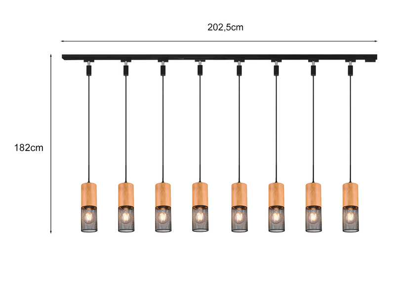 Lichtschienensystem mit 8x Holz Pendel & Einspeisung 3-adrig, Länge 202,5cm