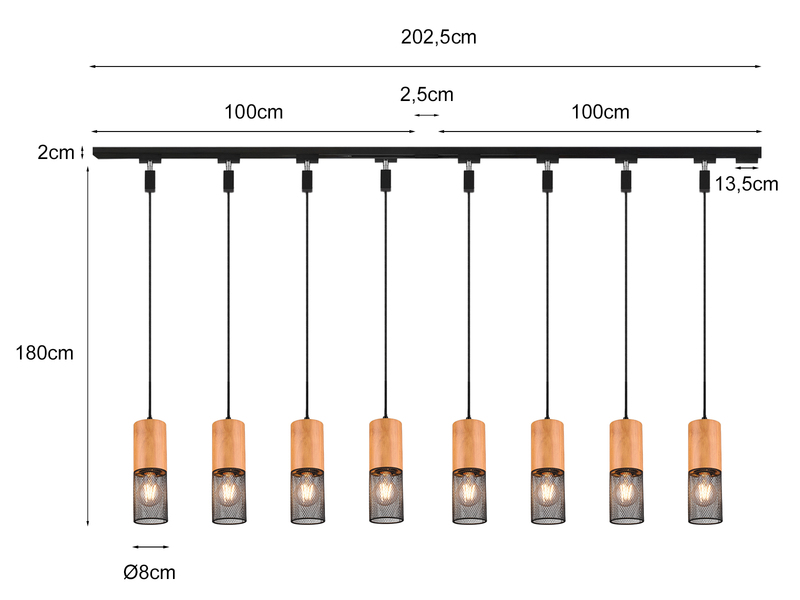 Lichtschienensystem mit 8x Holz Pendel & Einspeisung 3-adrig, Länge 202,5cm