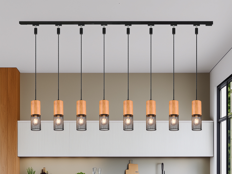 Lichtschienensystem mit 8x Holz Pendel & Einspeisung 3-adrig, Länge 202,5cm