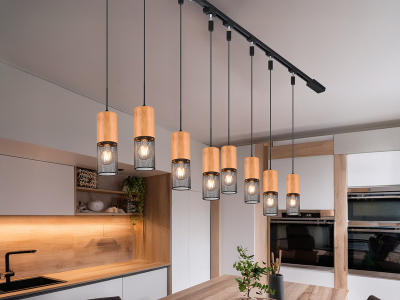 Lichtschienensystem mit 8x Holz Pendel & Einspeisung 3-adrig, Länge 202,5cm