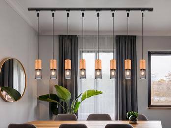 Lichtschienensystem mit 8x Holz Pendel & Einspeisung 3-adrig, Länge 202,5cm