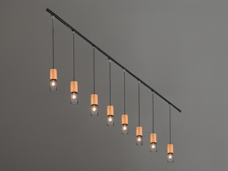 Lichtschienensystem mit 8x Holz Pendel & Einspeisung 4-adrig, Länge 202,5cm