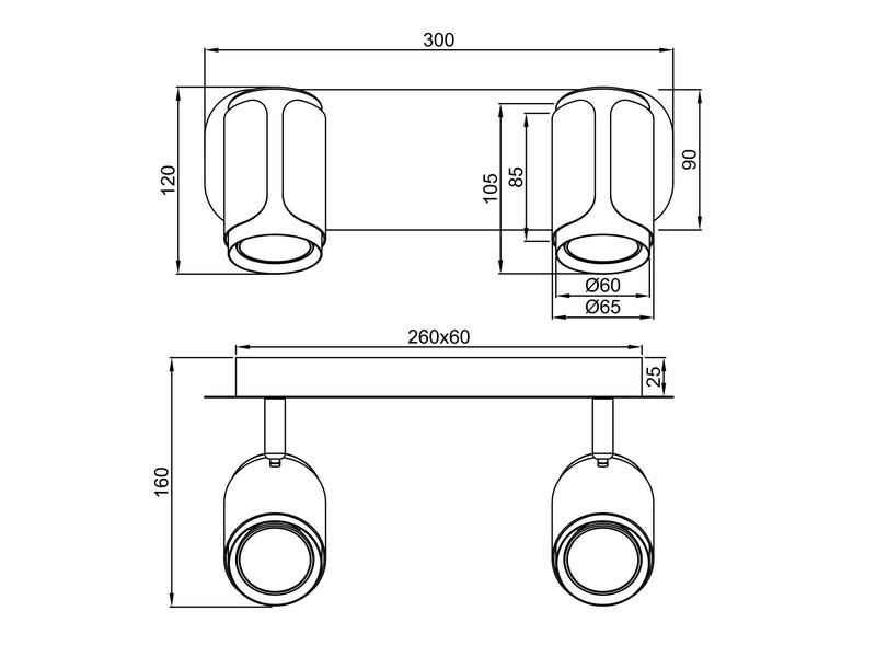 LED Deckenstrahler 2-flammig Metall Weiß / Silber, Länge 30cm