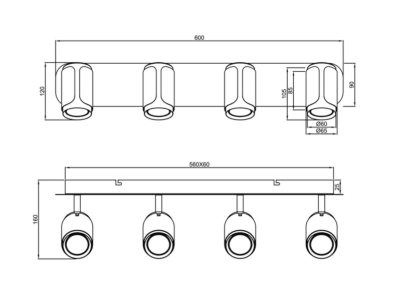 LED Deckenstrahler 4-flammig Metall Weiß / Silber, 60cm lang