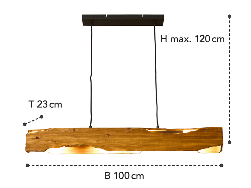 LED Balken Pendelleuchte aus Naturholz rustikales Design, Breite 100cm