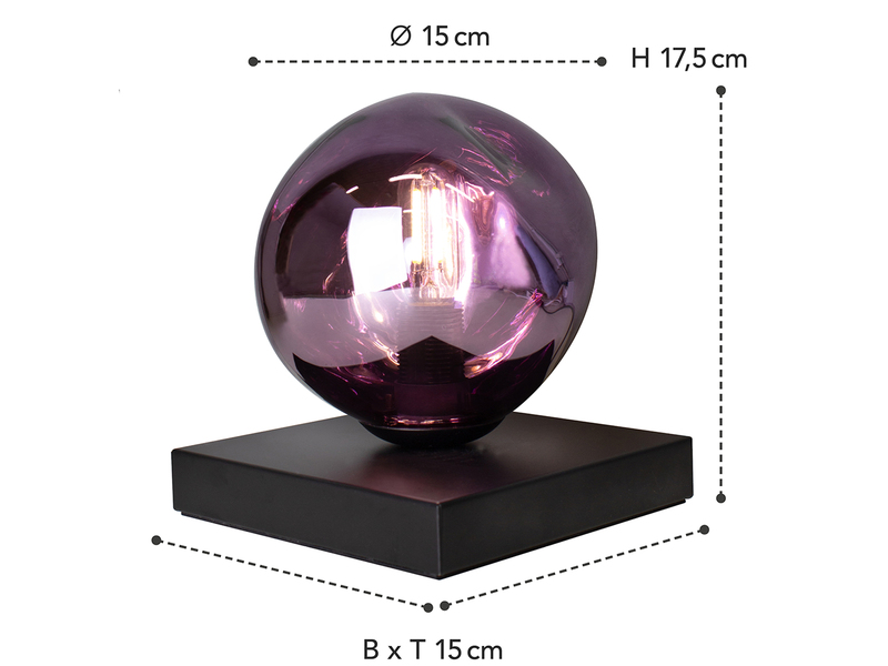 Kleine LED Tischleuchte mit ausgefallener Glasskugel Violett, H 17,5cm