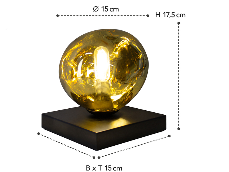 Kleine LED Tischleuchte mit ausgefallener Glaskugel Gelbgold H 17,5cm