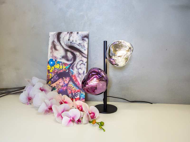 Große LED Tischlampe ausgefallene Glasskugeln in Weiß/Violett, H 40cm