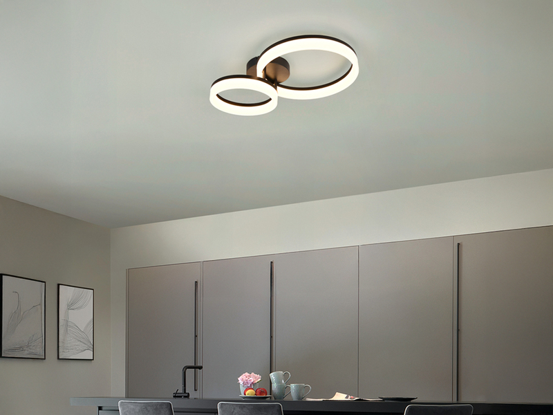Große Deckenleuchte SCOPE Schwarz mit zwei LED Ringen in Weiß, Breite 51cm