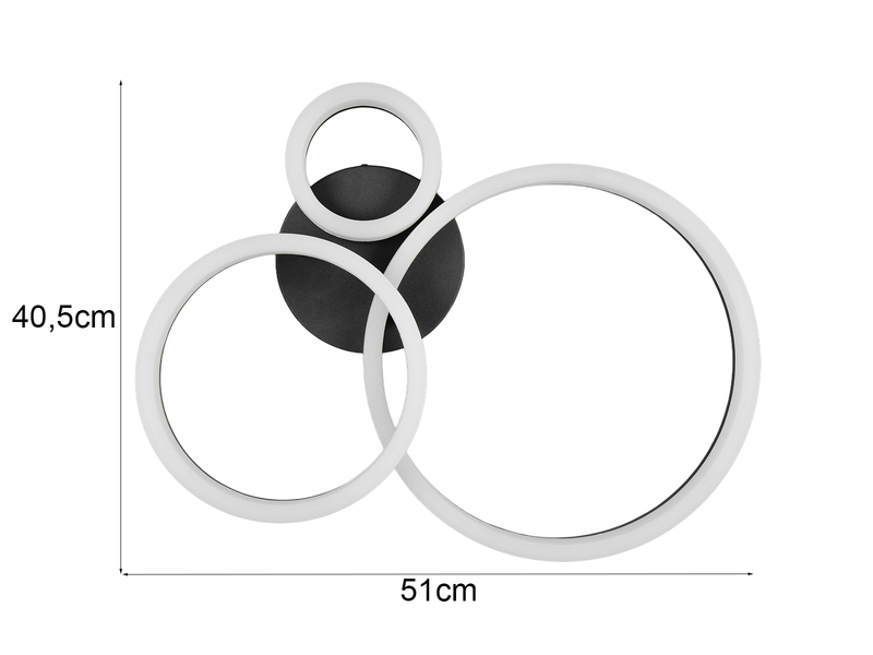 Große Deckenleuchte SCOPE Schwarz mit drei LED Ringen in Weiß, Breite 51cm