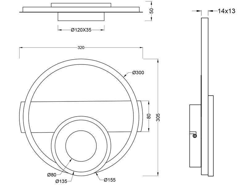LED Decken- und Wandleuchte HORUS Metall in Schwarz mit 2 Ringen, ultraflach 5cm