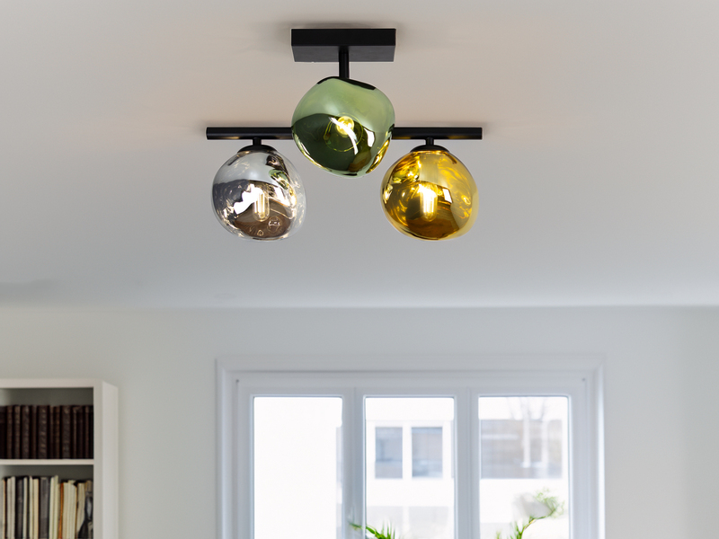 LED Deckenleuchte 3-flammig mit ausgefallenen bunten Glaskugeln, Breite 40cm
