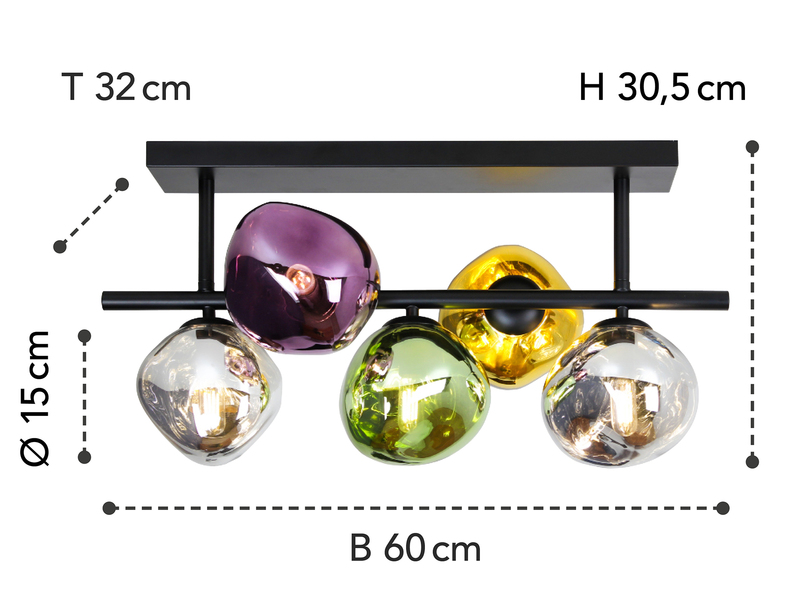 Deckenleuchte CANOPUS mit ausgefallenen bunten Glaskugeln, Breite 60cm
